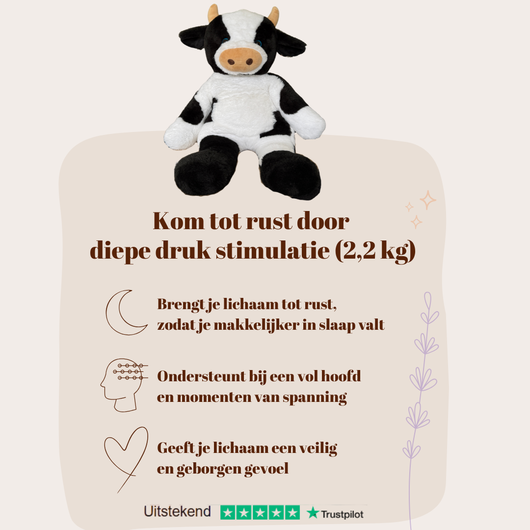 Informatie over diepe drukstimulatie met de Troostmaatje verzwaarde koe voor een betere nachtrust en minder angstgevoelens.