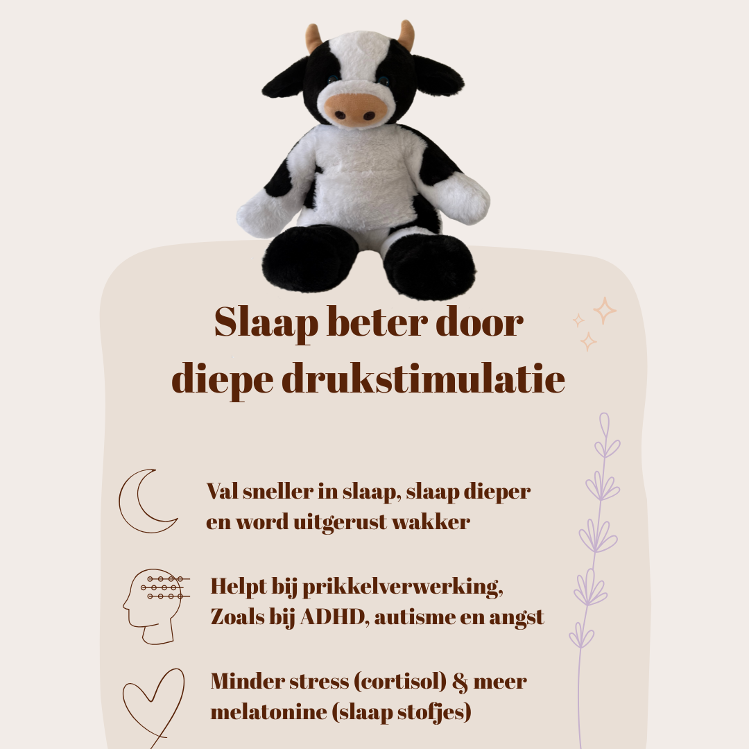 Informatie over diepe drukstimulatie met de verzwaarde koe voor een betere nachtrust en minder angstgevoelens.