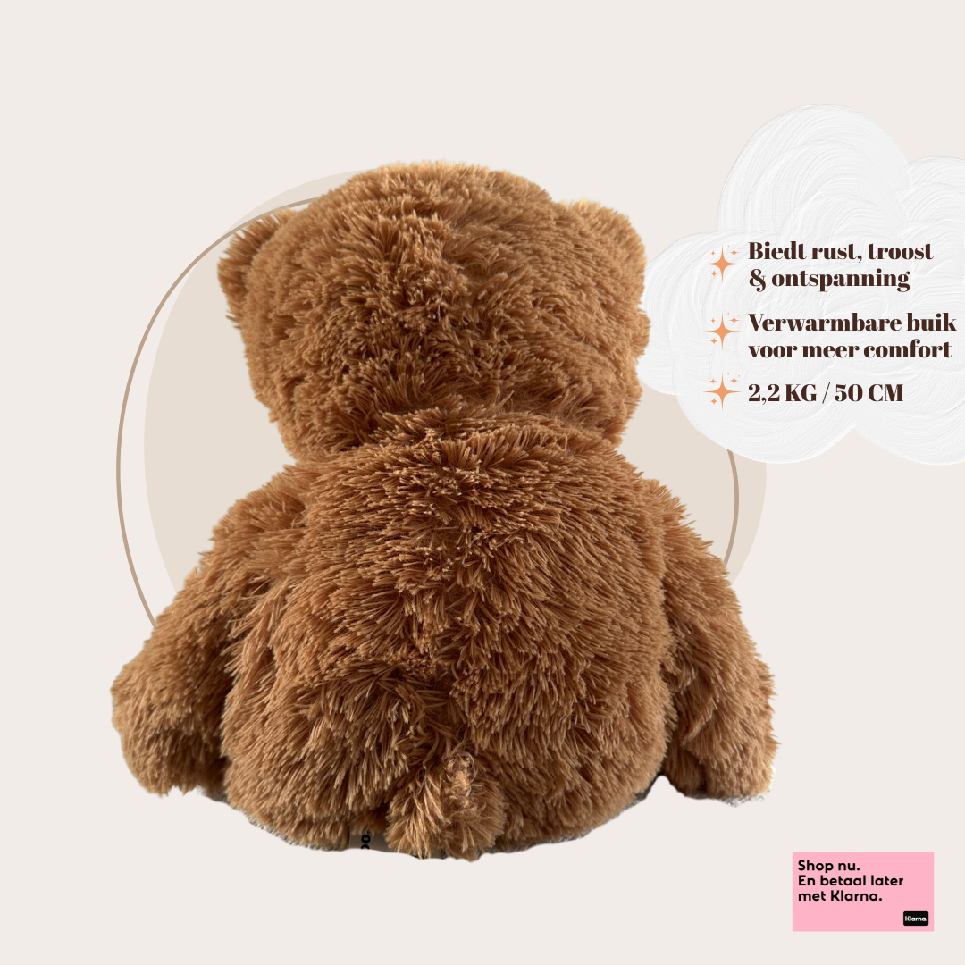 Achteraanzicht van de verzwaarde beer knuffel op een lichte achtergrond.