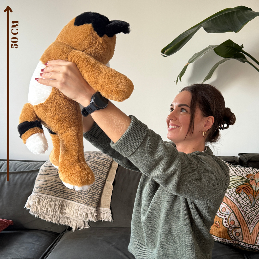 Vrouw houdt de verzwaarde kat (50 cm) omhoog om het formaat en de handzaamheid te tonen.