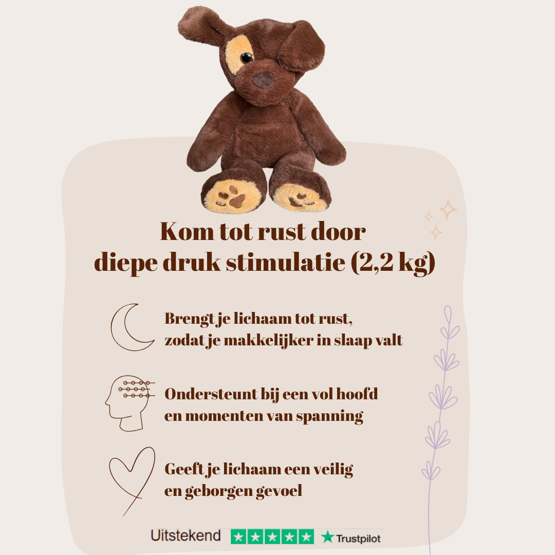 Informatieve afbeelding over beter slapen en diepe drukstimulatie met de verzwaringsknuffel hond van Troostmaatje.