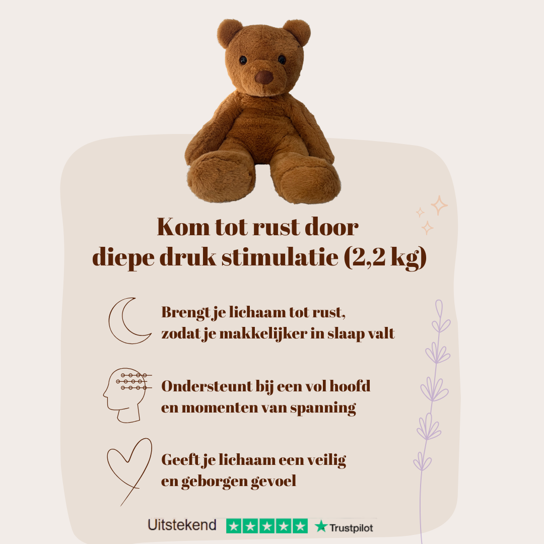 Informatieve afbeelding over beter slapen en diepere rust door de diepe drukstimulatie van de verzwaarde beer.
