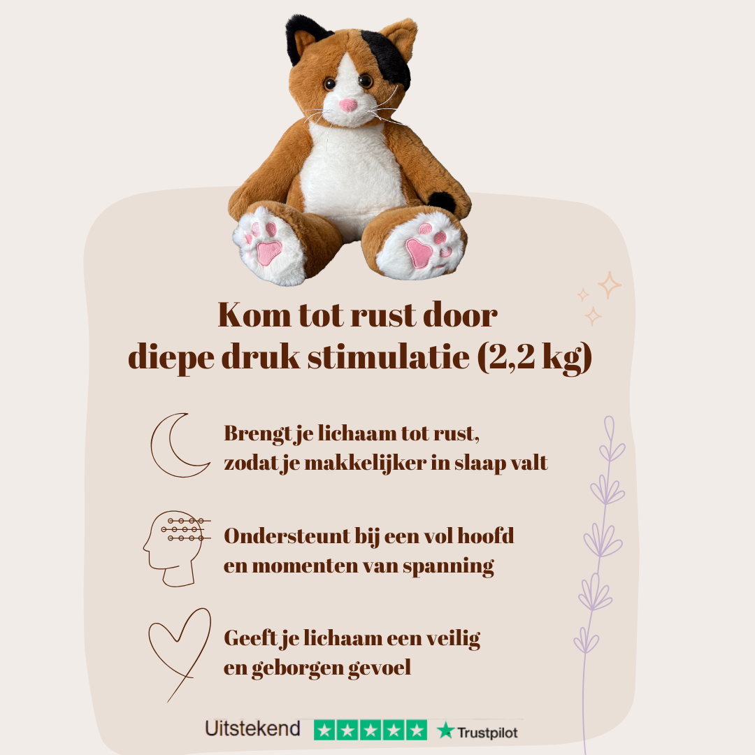 Informatieve afbeelding over beter slapen, sneller in slaap vallen en minder stress met de verzwaringsknuffel kat van Troostmaatje.
