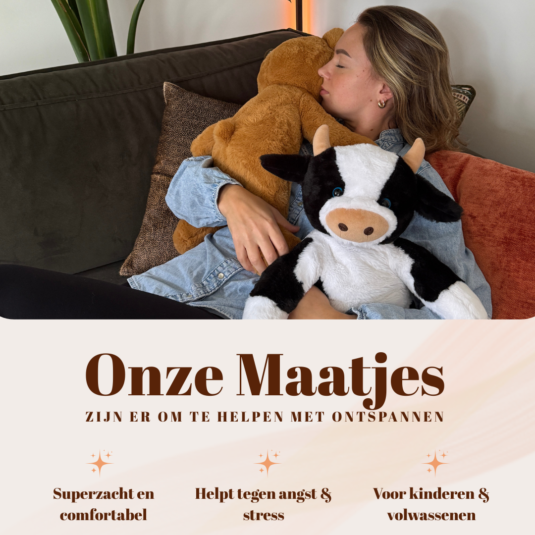 Twee Troostmaatjes (koe en beer) op de bank voor een gezamenlijk moment van rust en stressvermindering.